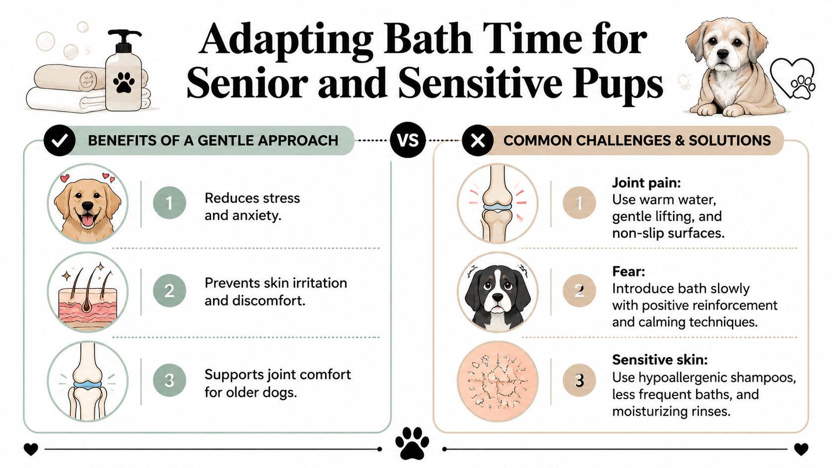 An infographic titled Adapting Bath Time for Senior and Sensitive Pups illustrating gentle bathing tips for dogs.