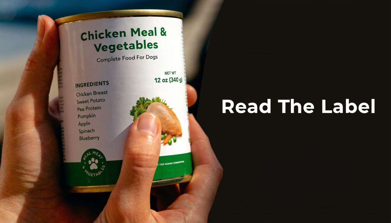 A pair of hands holding a can of Chicken Meal and Vegetables dog food with ingredients listed.