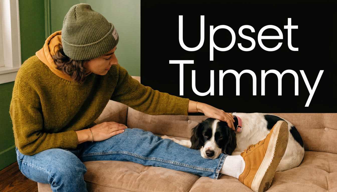 A person in a beanie and sweater sitting on a couch comforting their dog with an upset tummy.