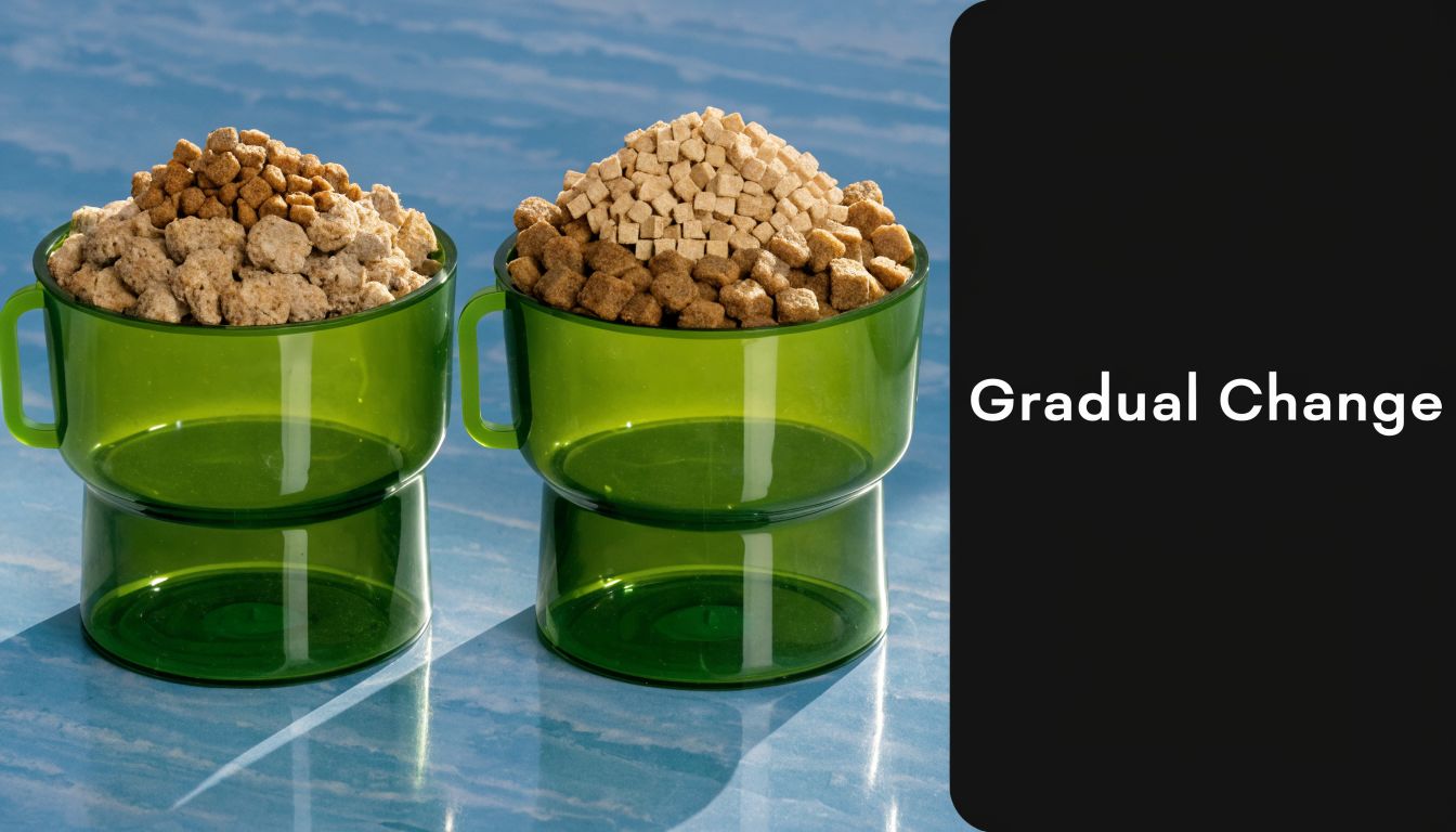 Two green cups filled with varying types of dry dog food on a blue textured surface.