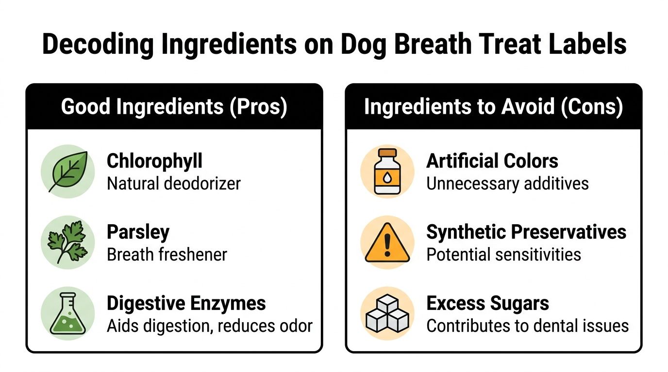 An infographic titled Decoding Ingredients on Dog Breath Treat Labels, listing beneficial ingredients versus those to avoid.