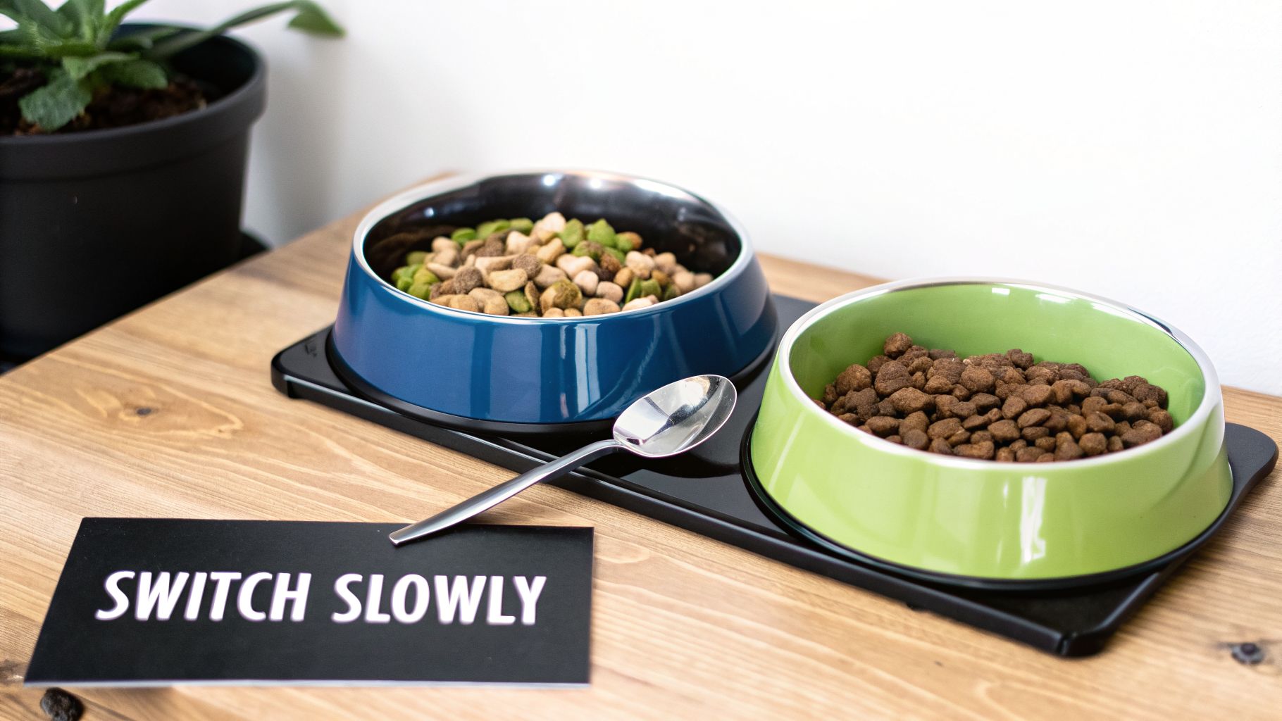 Two dog bowls with different kibble, a spoon, and a 'SWITCH SLOWLY' sign on a wooden table.
