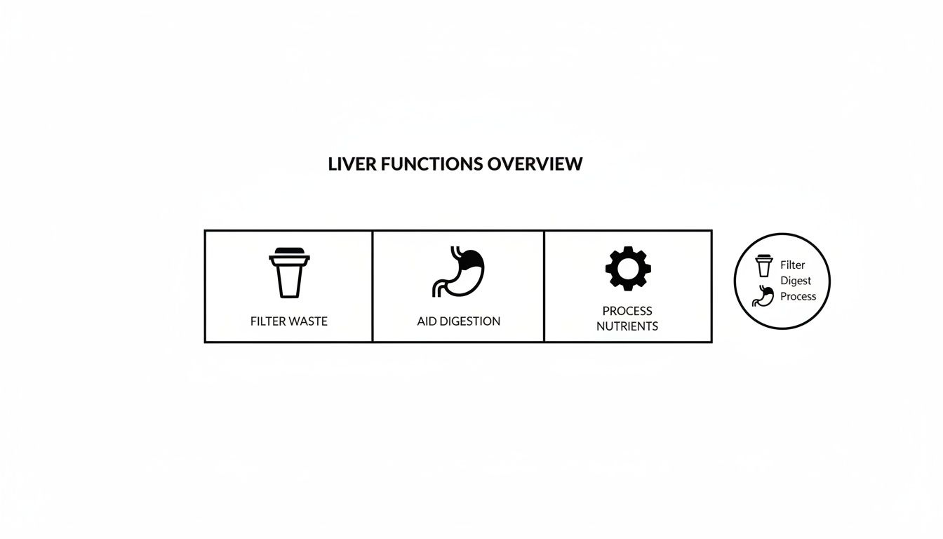 An overview diagram illustrating three primary liver functions: filter waste, aid digestion, and process nutrients.
