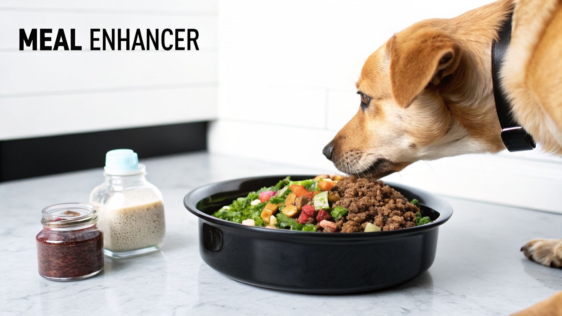 A brown dog sniffs a bowl of healthy, enhanced dog food with fresh ingredients and supplements.