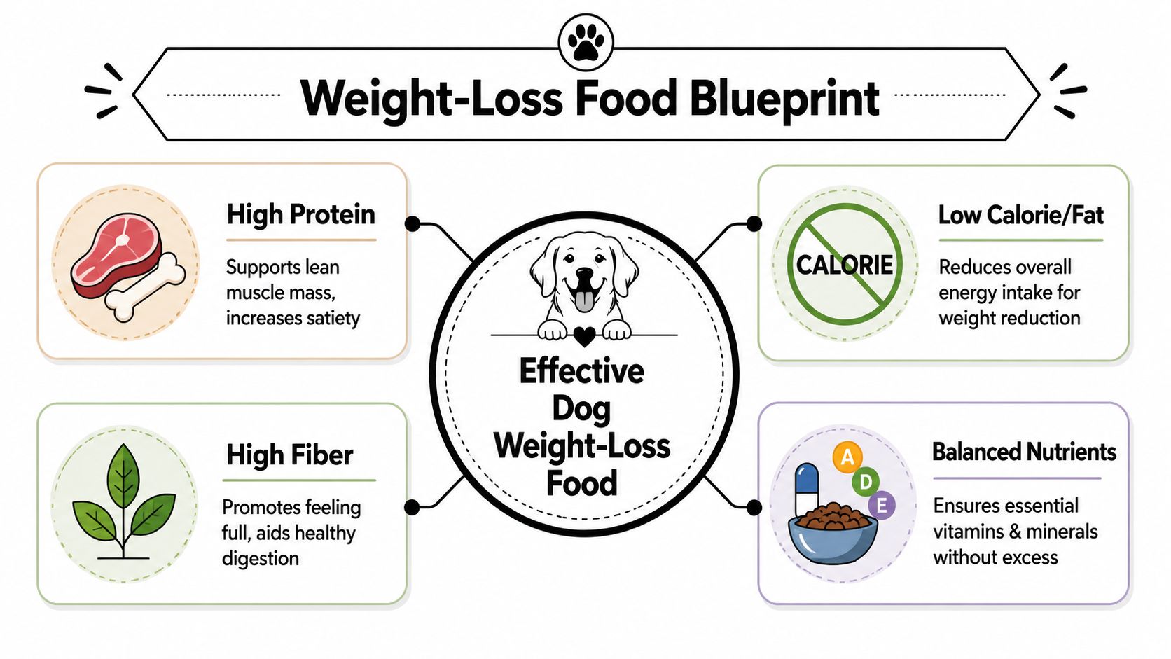 An infographic titled Weight-Loss Food Blueprint outlining key nutritional requirements for helping dogs lose weight effectively.