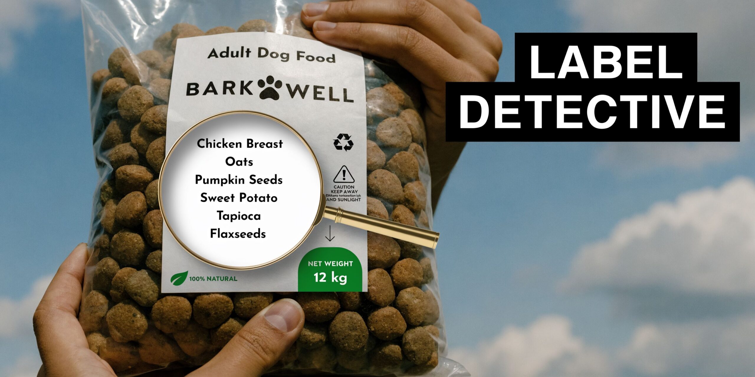 A person holding a transparent bag of Barkwell adult dog food with visible natural ingredients.