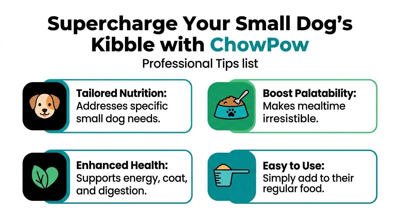 A professional list highlighting the benefits of ChowPow, a nutritional supplement for small dog kibble.