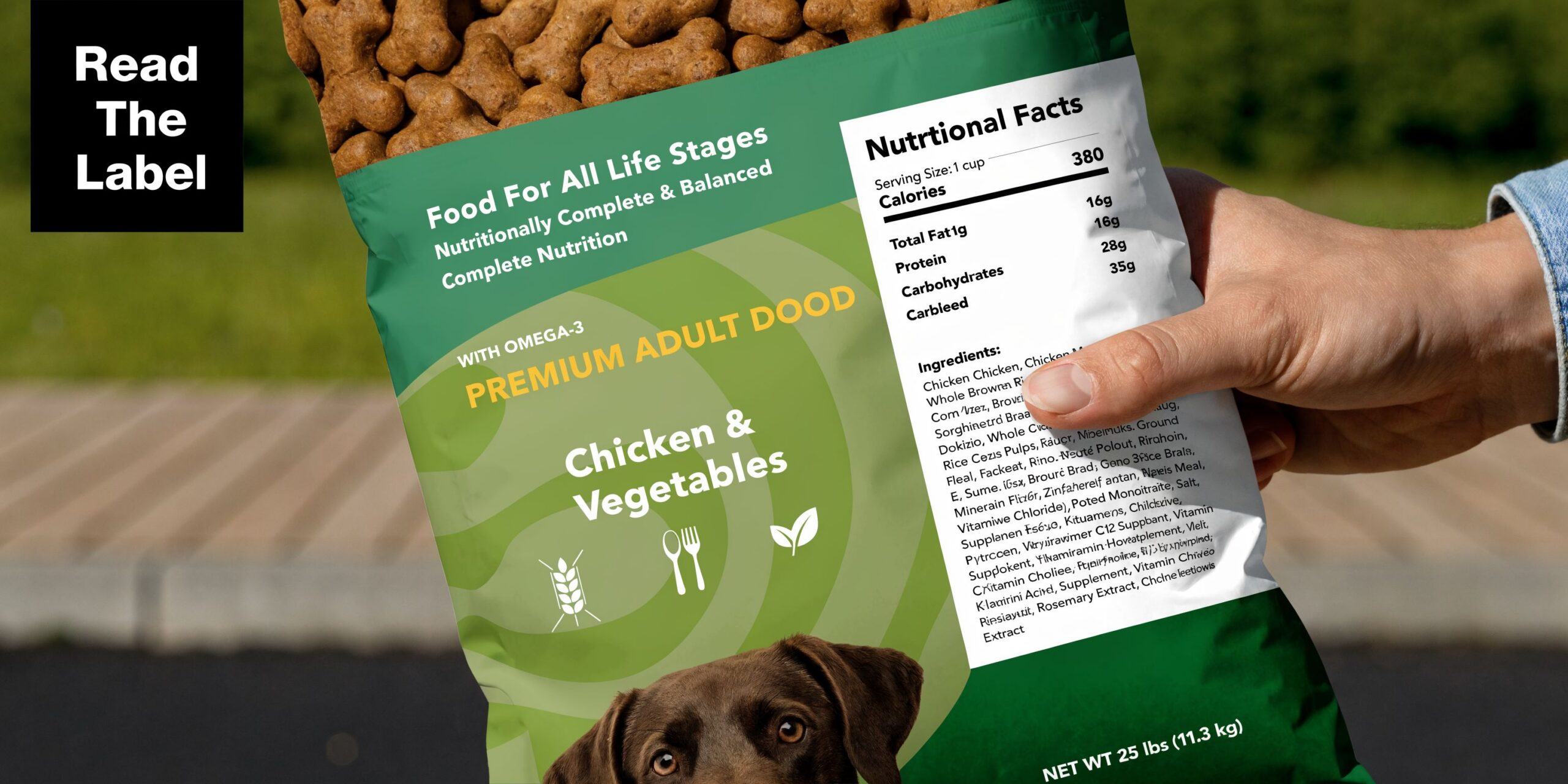 A hand holds a bag of premium adult dog food featuring chicken and vegetables in an outdoor setting.