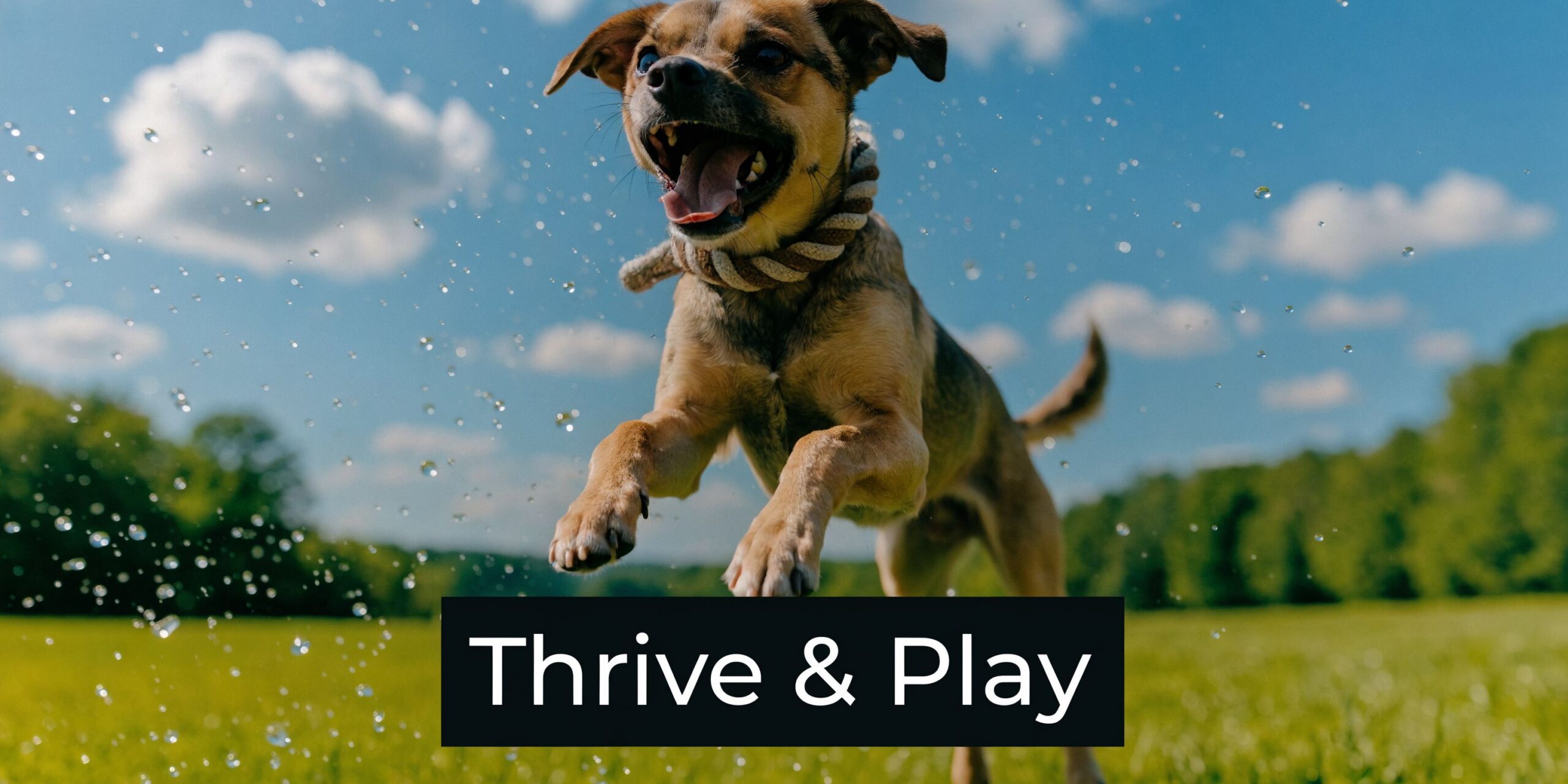 A happy small mixed-breed dog leaping through the air with water splashes in a sunny green field.