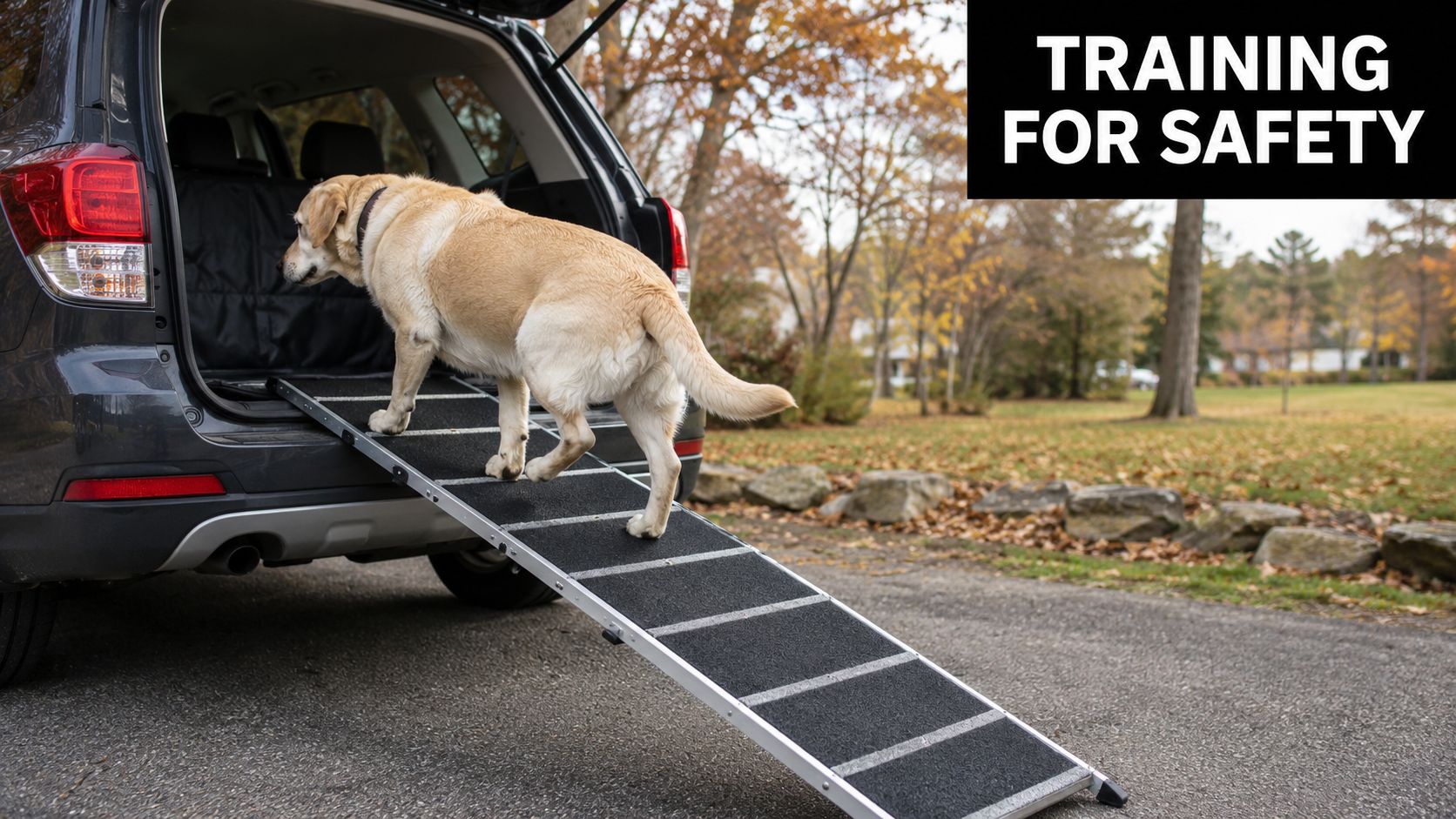A yellow Labrador Retriever walking up a portable dog ramp into the back of a car.