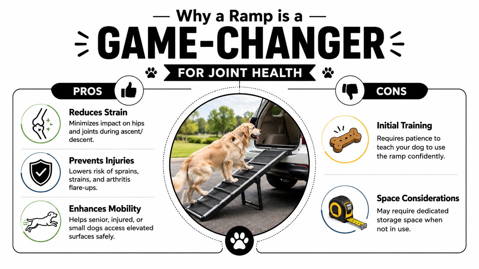 An infographic highlighting the pros and cons of using a dog ramp for pet joint health.