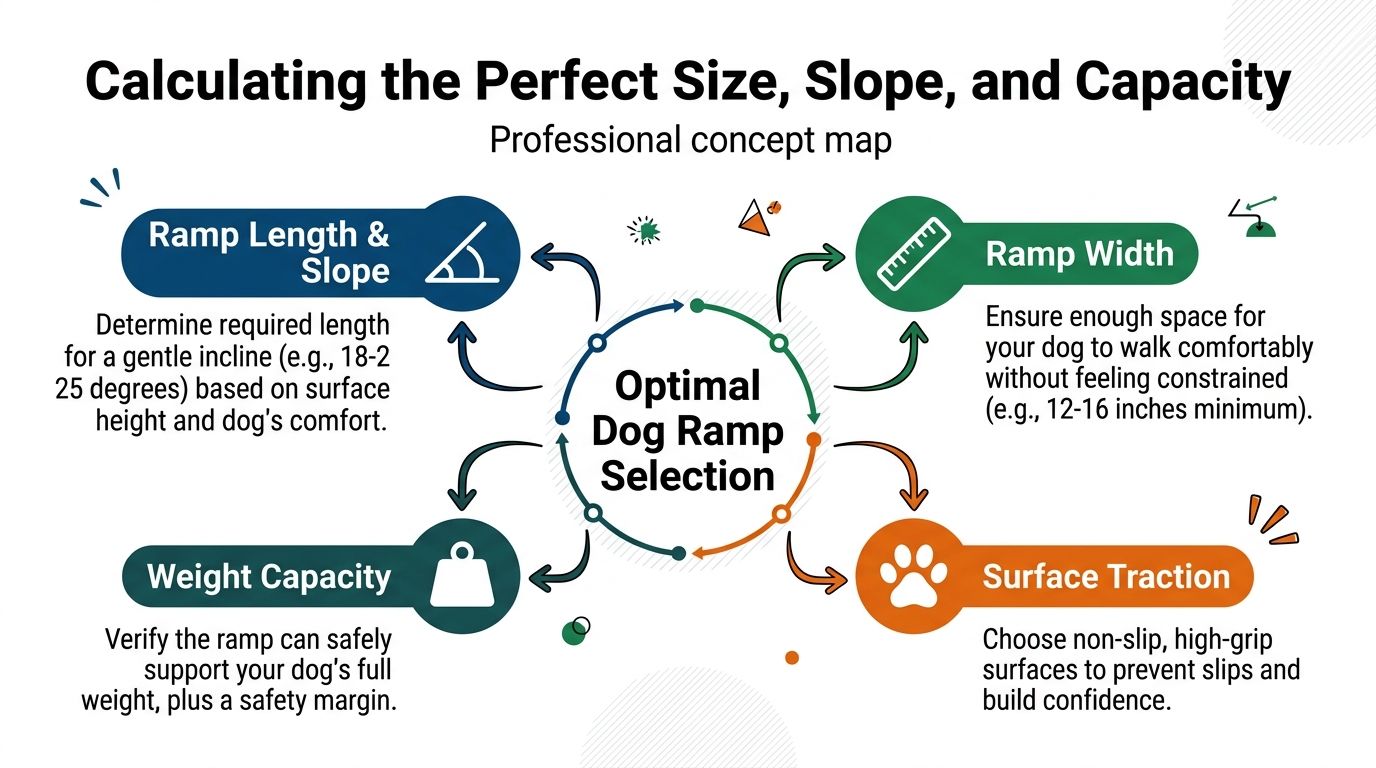 A professional concept map illustrating the key factors for selecting an optimal dog ramp, including size, slope, and capacity.