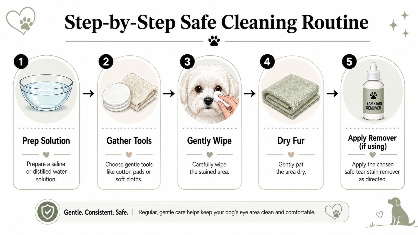 An illustrated five-step guide on how to safely clean a dog's eye area to remove tear stains.