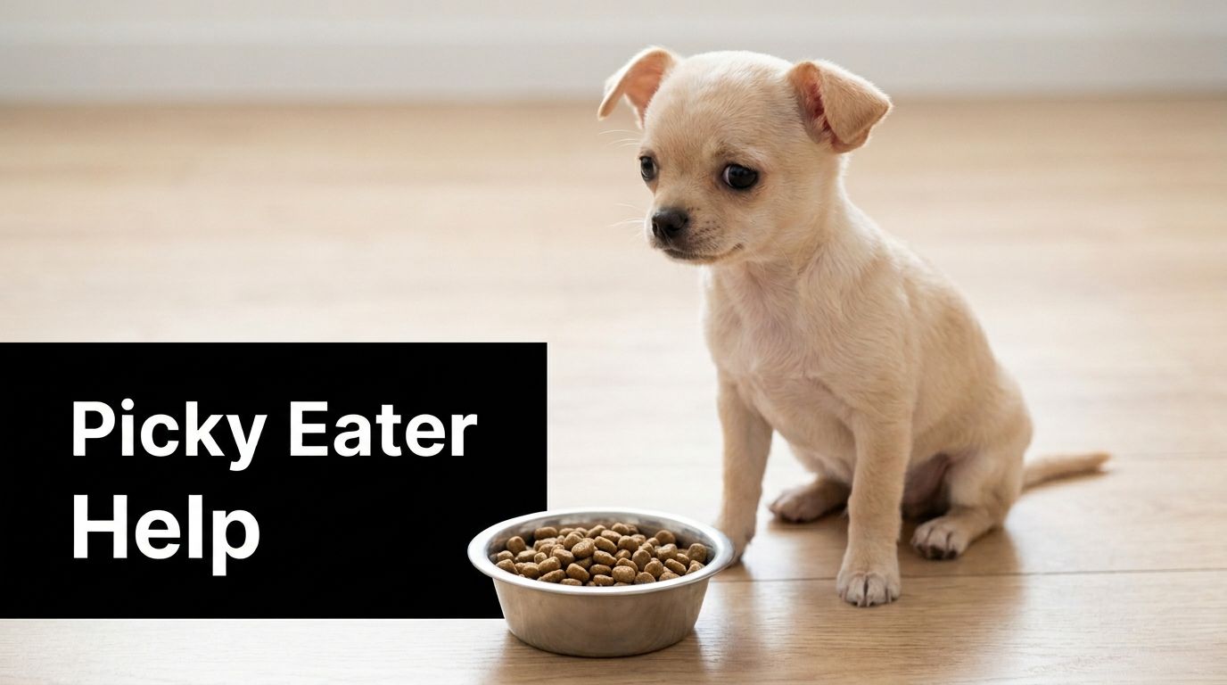A cute chihuahua puppy sitting next to a metal bowl filled with dry dog kibble food.