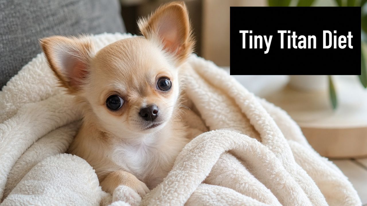 A tiny, cute cream-colored chihuahua puppy wrapped in a soft, white fuzzy blanket, looking at the camera.