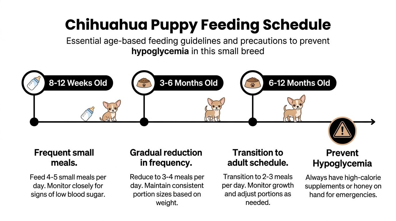A feeding schedule infographic for Chihuahua puppies, outlining dietary requirements from 8 weeks to 12 months.