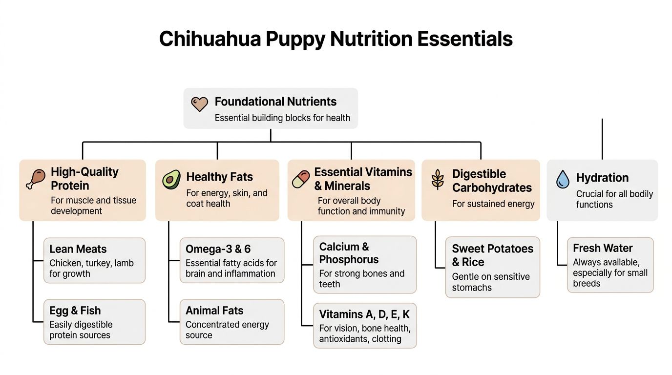 A diagram illustrating the essential nutrition components for Chihuahua puppies including protein, fats, vitamins, carbohydrates, and hydration.