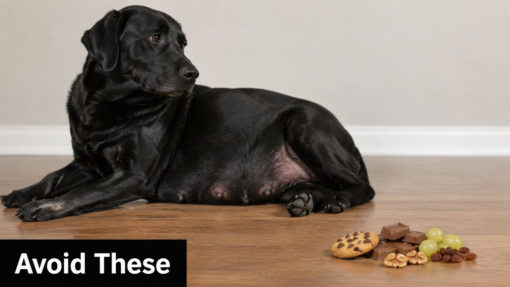 A black dog lying on a floor near a pile of toxic foods like chocolate, grapes, and nuts.