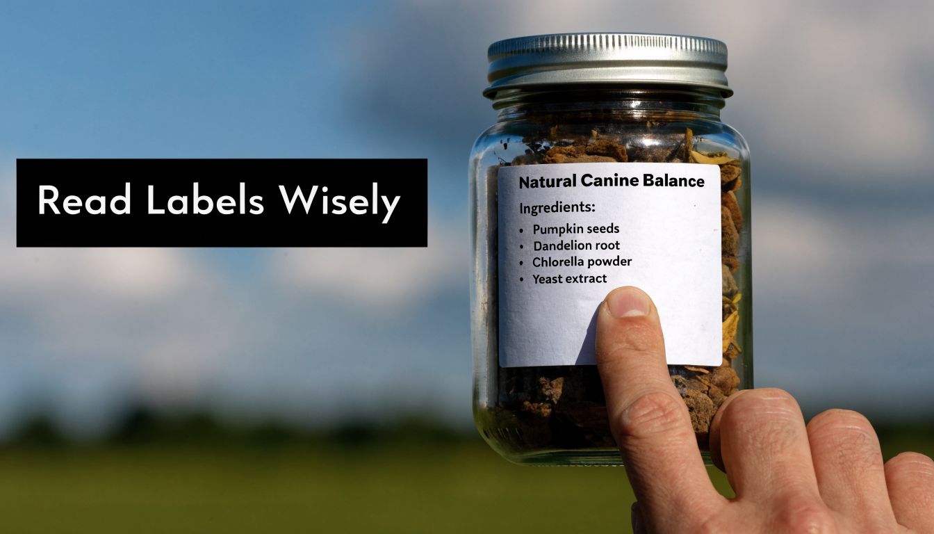 A hand holds a glass jar labeled Natural Canine Balance against a blurred blue sky background.