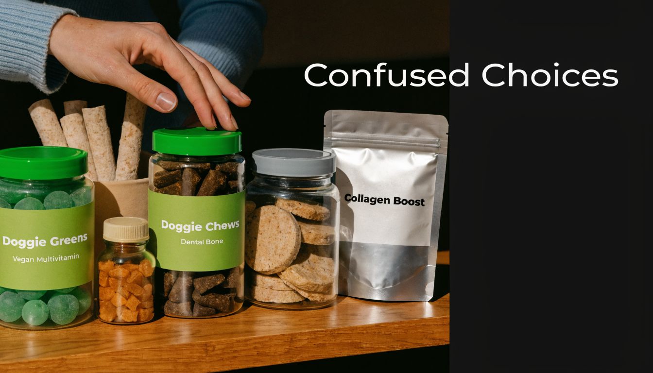 A hand reaching for various jars of natural dog supplements, treats, and chews on a table.