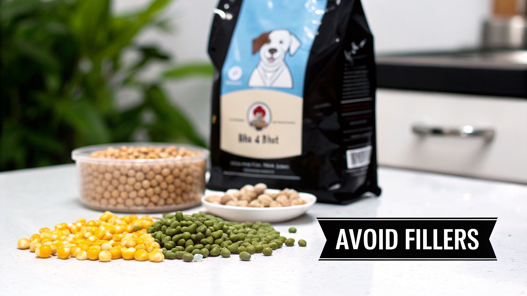 A bag of dog food with piles of natural ingredients like corn, green peas, and chickpeas, emphasizing avoiding fillers.