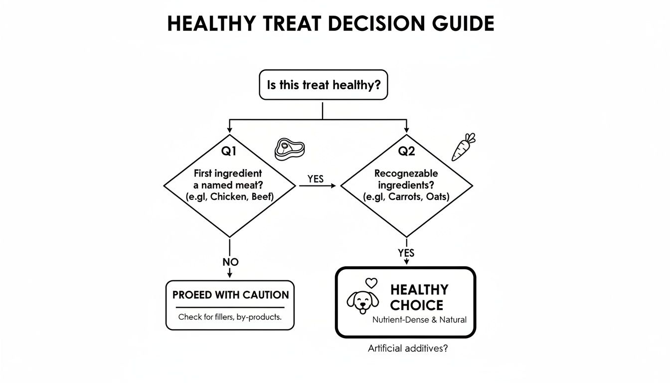 A healthy treat decision guide flowchart evaluating ingredients for a healthy choice or caution.