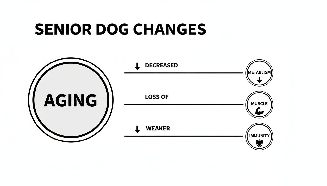 Diagram illustrating senior dog changes with aging: decreased metabolism, loss of muscle, and weaker immunity.