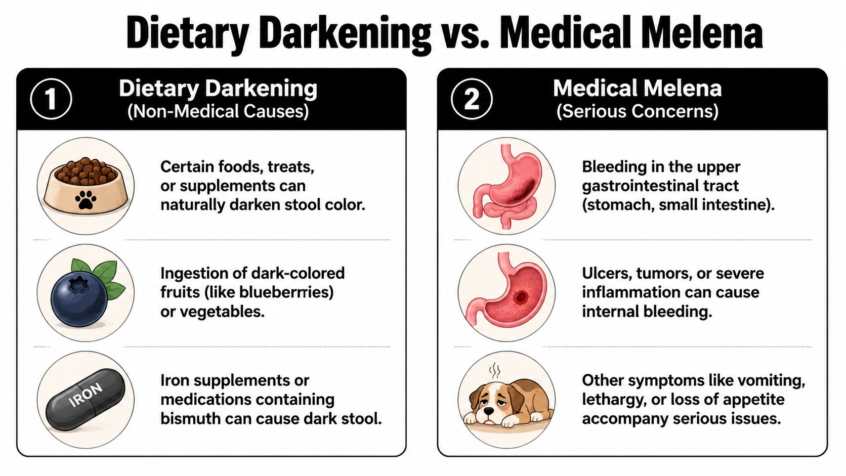 An infographic comparing dietary causes and medical causes of black or dark stool in dogs.