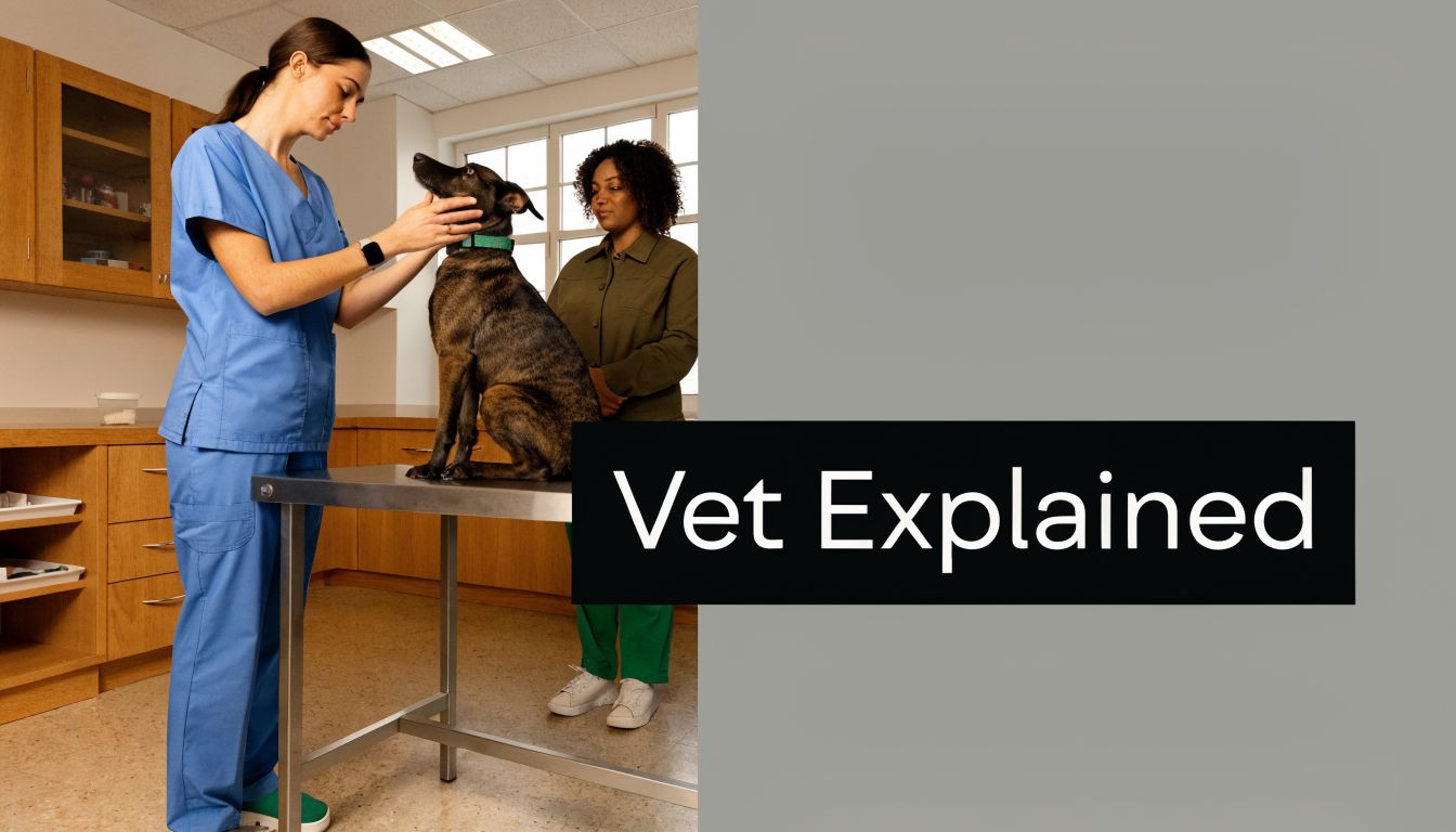 A veterinarian in blue scrubs performs a routine health examination on a dog on an exam table.