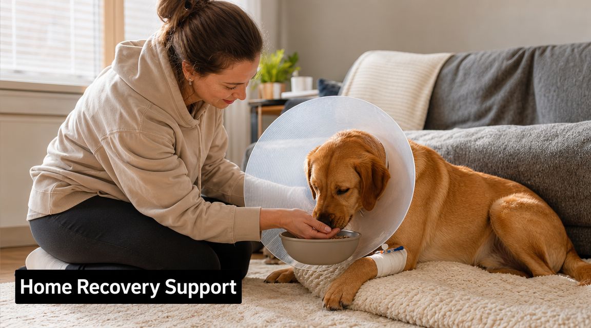 A caring woman feeds her recovering golden dog, wearing a cone and bandage, while sitting at home.