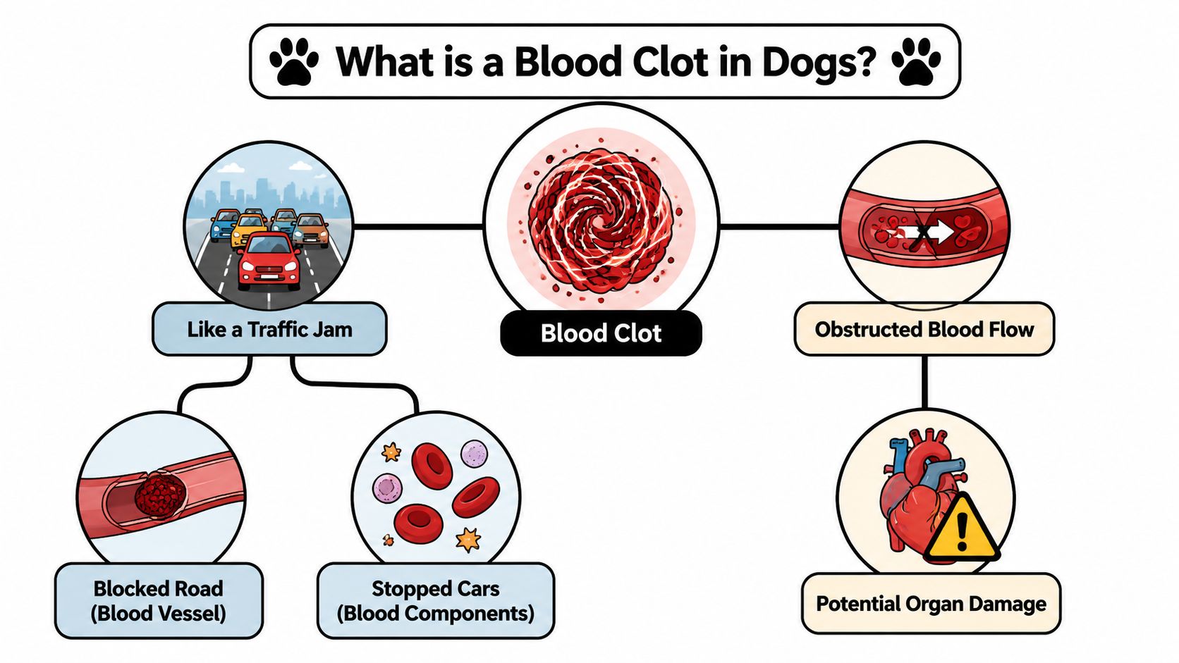 A diagram explaining blood clots in dogs using the analogy of a traffic jam and blocked vessel.