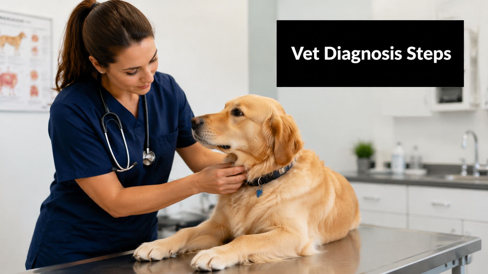 A female veterinarian wearing blue scrubs performs a physical examination on a golden retriever in a clinic.
