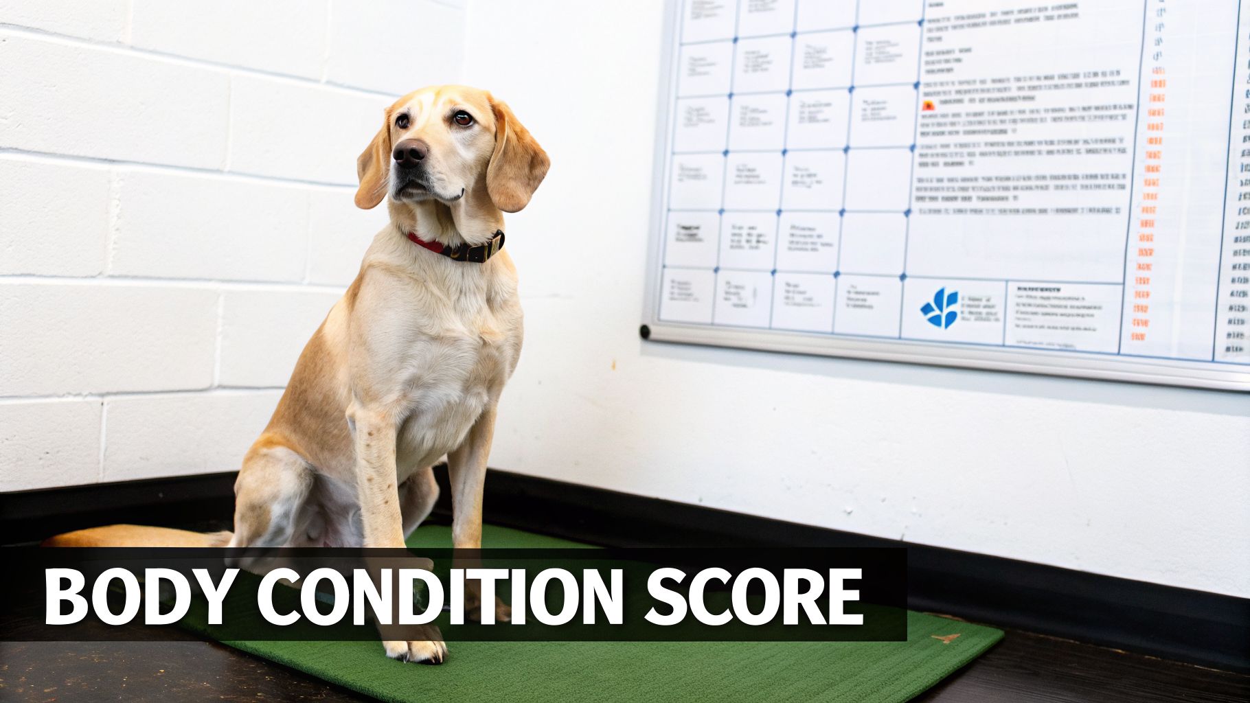 A yellow Labrador dog sits calmly on a green mat, with a whiteboard in the background, for body condition score.