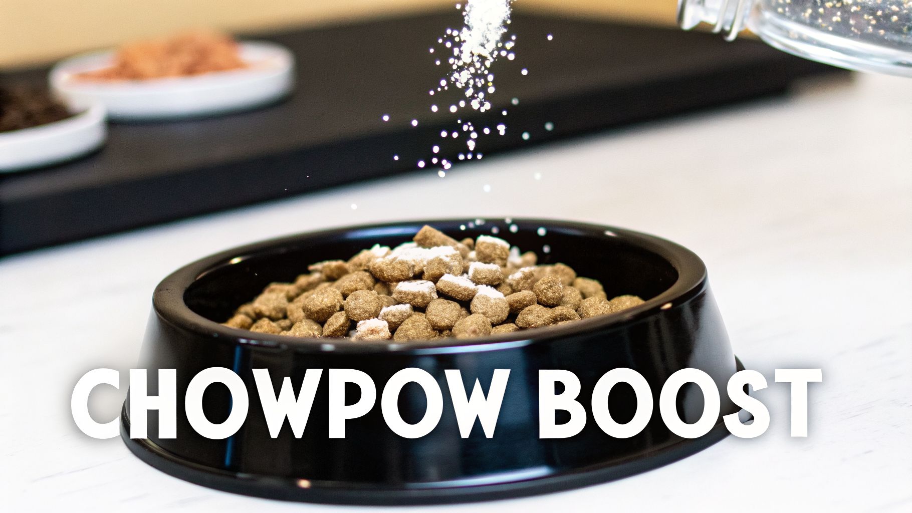A black pet food bowl filled with brown kibble, being sprinkled with a white supplement powder.