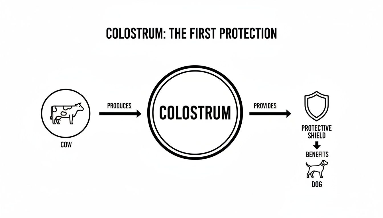A diagram illustrating how cow colostrum provides a protective shield and benefits for dogs.