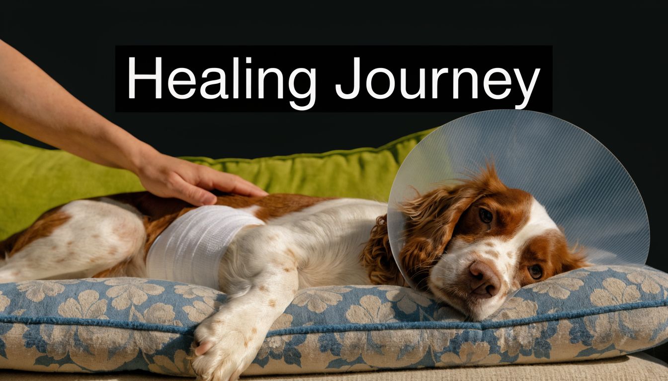 A person gently pets an injured dog resting on a patterned pillow wearing a protective plastic cone.