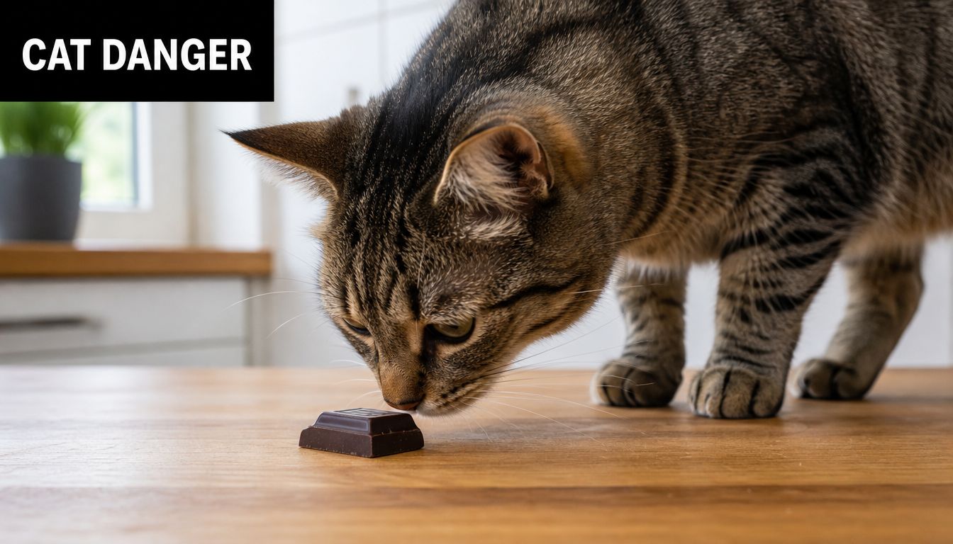 A tabby cat curiously inspecting a small piece of dark chocolate on a wooden kitchen table.