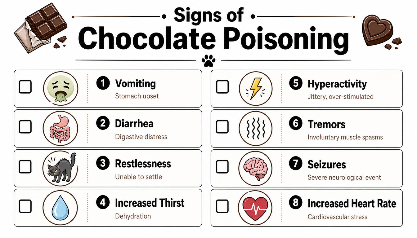 An infographic titled Signs of Chocolate Poisoning in pets, listing eight symptoms like vomiting and tremors.