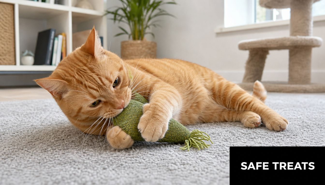 An adorable orange cat playing with a green toy on a soft gray carpet at home.