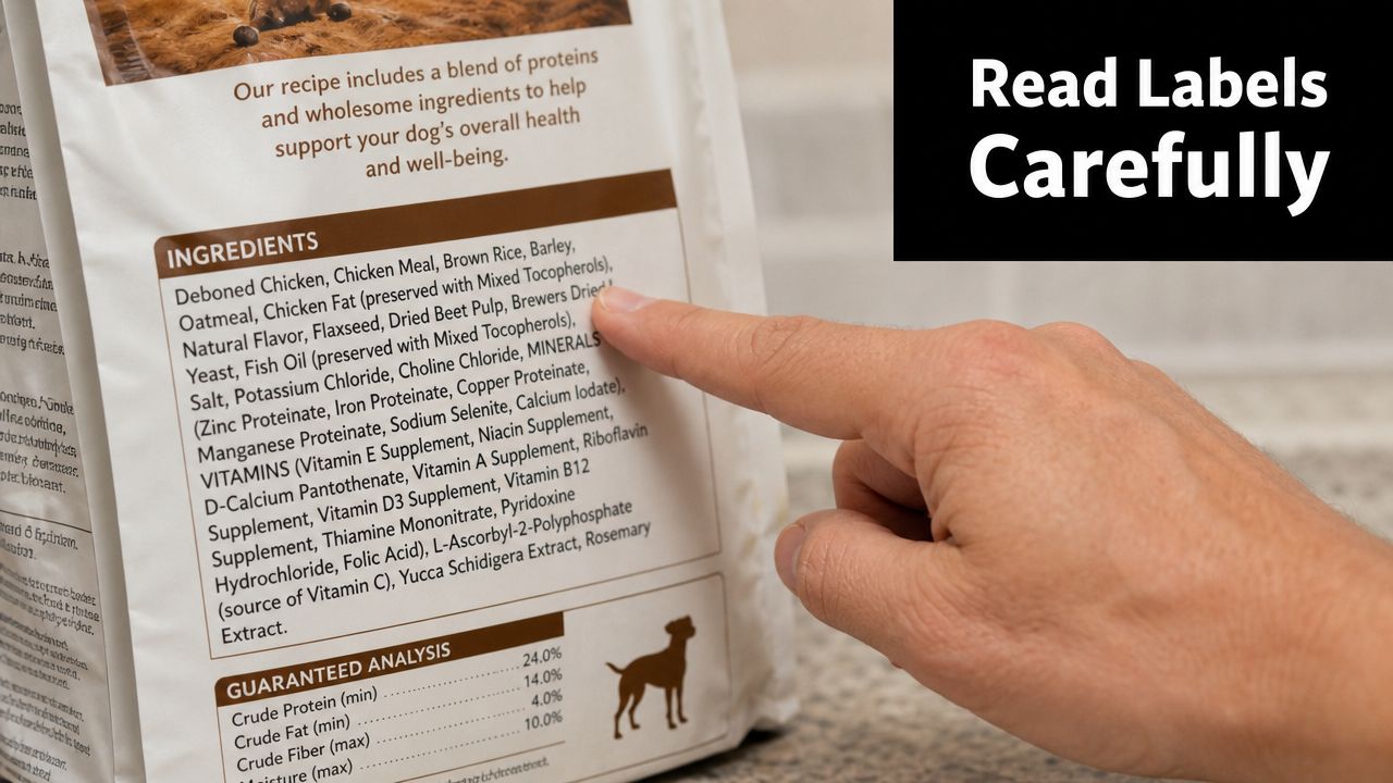 A person's finger pointing at the ingredient list on a package of high-quality dry dog food.