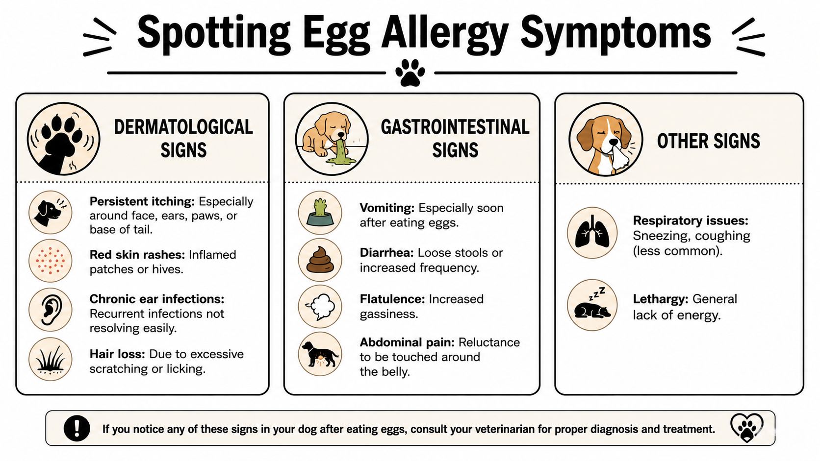 An infographic detailing common signs and symptoms of egg allergies in dogs, organized by category.