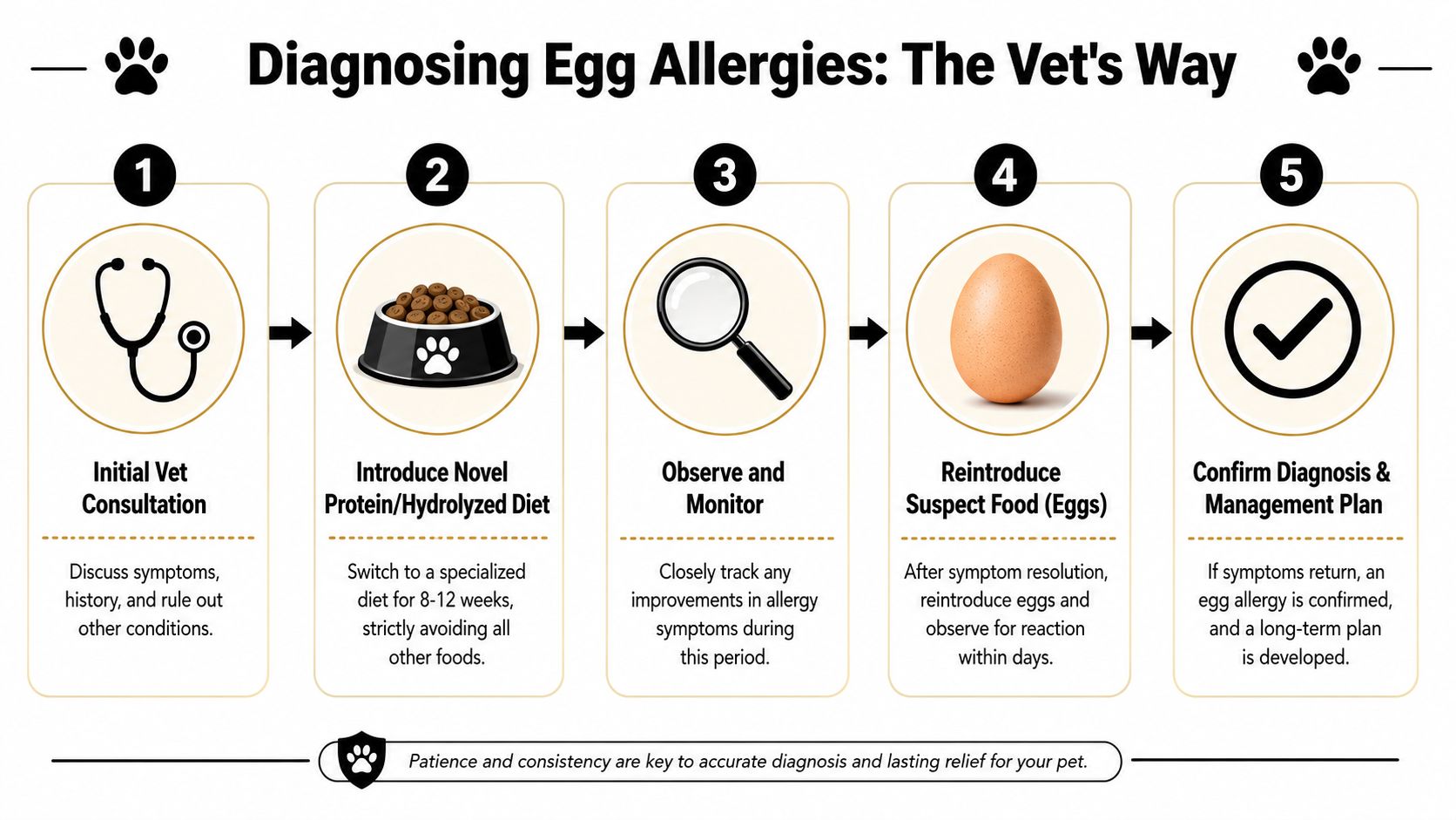 A five-step infographic explaining the veterinary process for diagnosing egg allergies in pets.