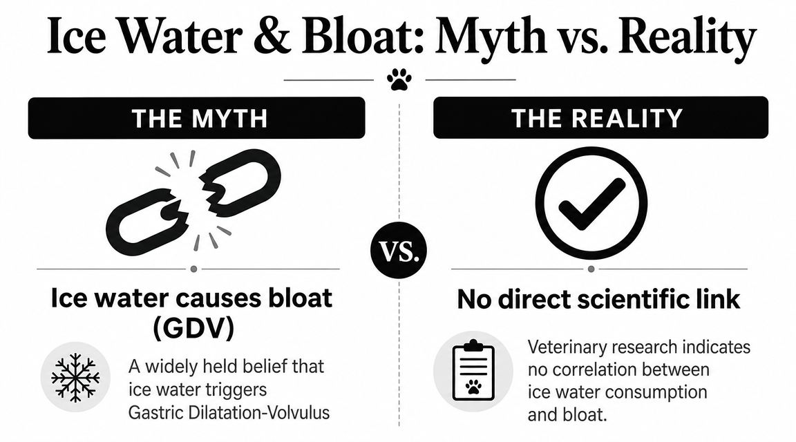 A comparison chart showing that the myth that ice water causes bloat in dogs is scientifically debunked.