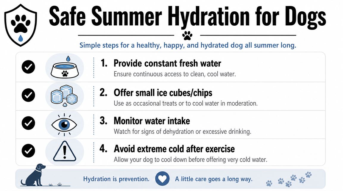 An infographic titled Safe Summer Hydration for Dogs with four tips on keeping your dog hydrated safely.