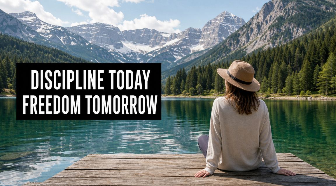 A woman wearing a hat sitting on a wooden dock overlooking a lake and mountain range.