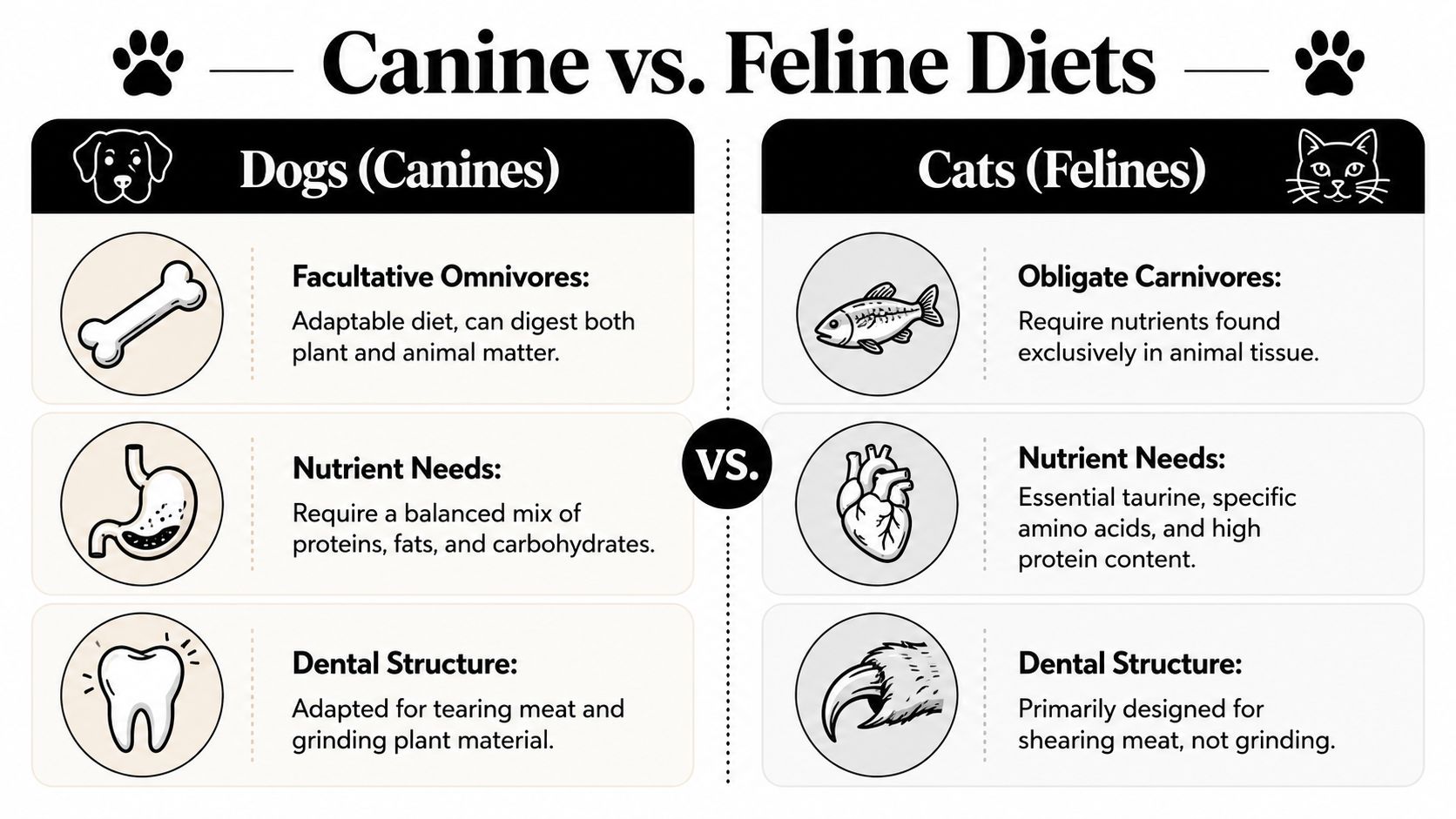 A comparison chart outlining key dietary, nutritional, and dental differences between domestic dogs and cats.
