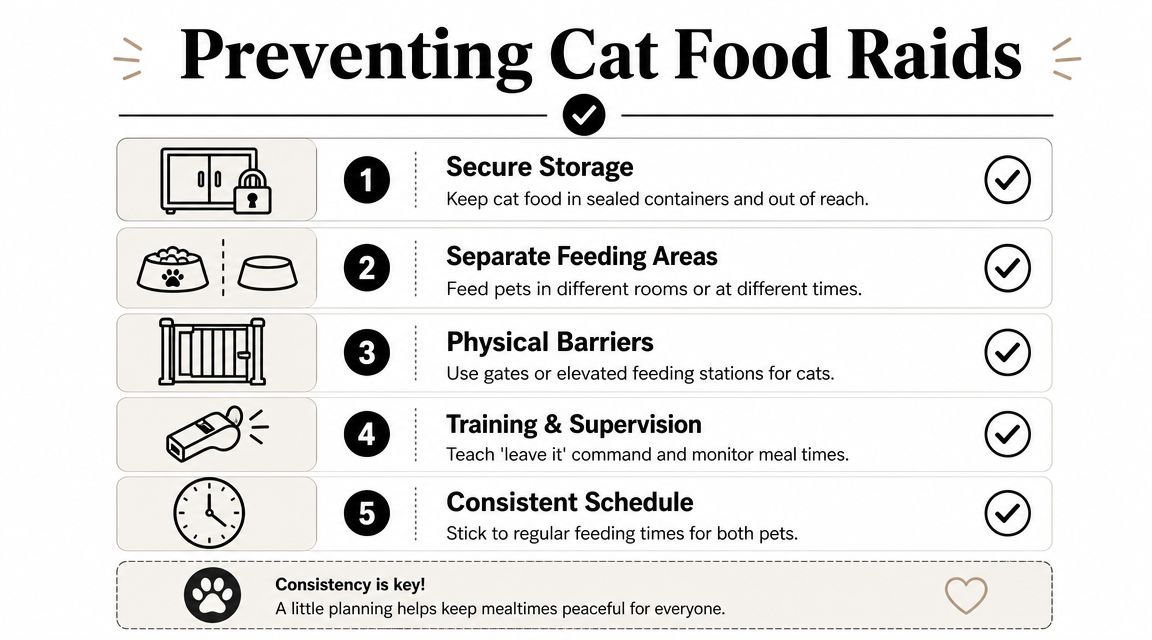 An infographic titled Preventing Cat Food Raids, listing five tips for managing pet feeding and food storage.