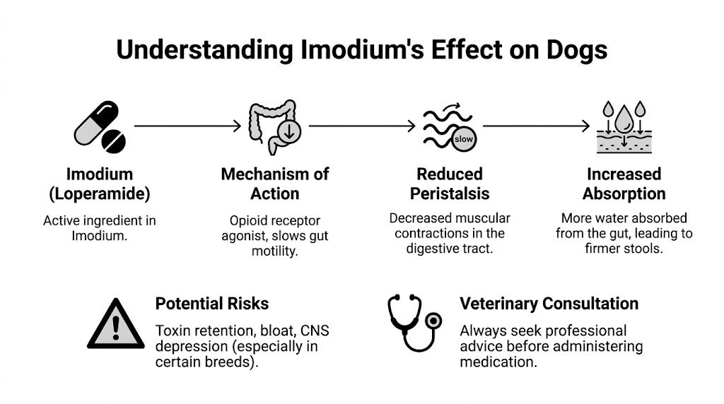 A diagram explaining how Imodium works on dogs, its mechanism of action, risks, and veterinary consultation advice.