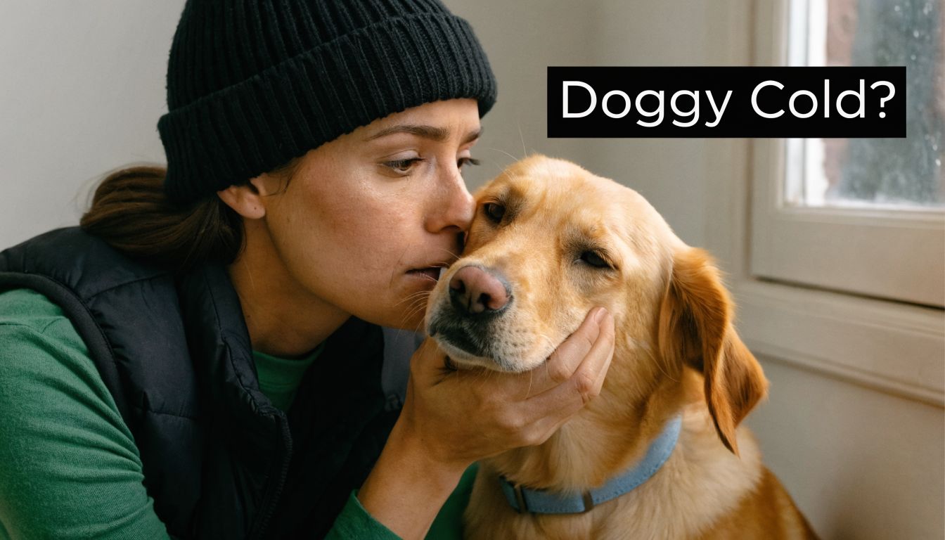 A woman in a knit hat holds and gently comforts her golden retriever dog at home.