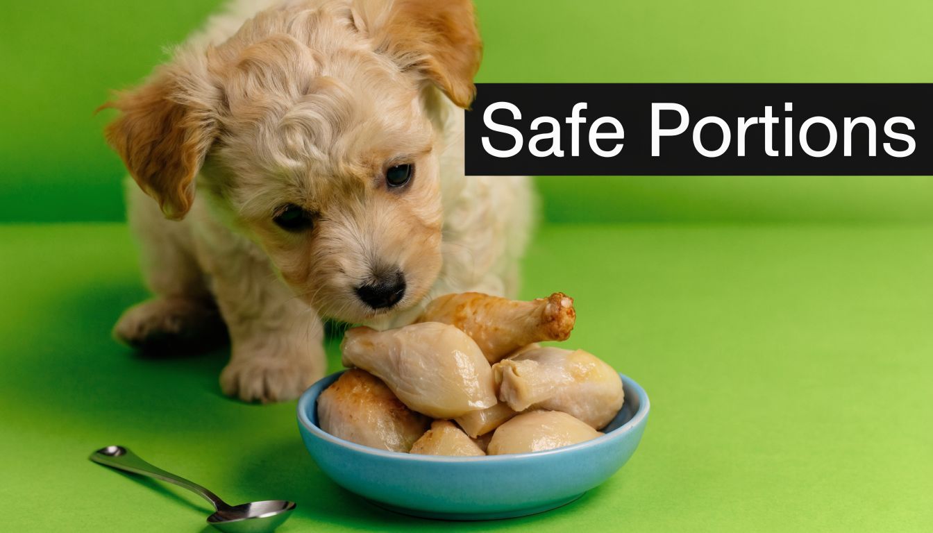 A cute puppy looking at a blue bowl filled with cooked chicken drumsticks on a green background.